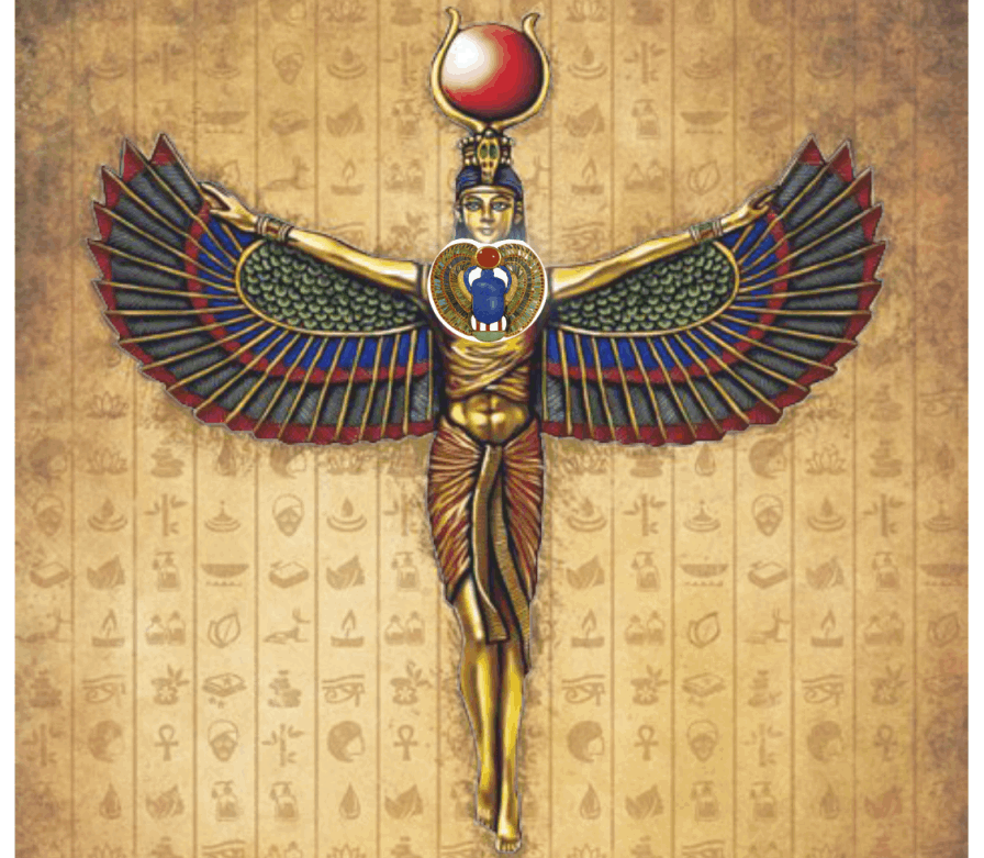Isis aux ailes déployées, scarabée sur le chakra gorge